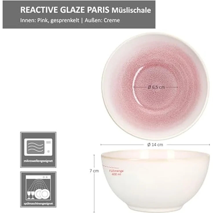 MamboCat Müslischale 6er Set Reactive Glaze Paris Müsli-Schale 400ml 6 Pers Pink Schüssel, Steingut – Bild 6