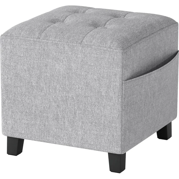 Fußhocker 35×35×35 cm mit Seitentasche und Gummibaumholzbeinen – Hellgrau