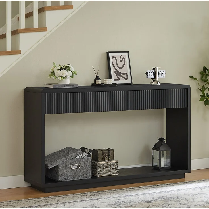 DESVIAE Sideboard Schwarz aus Spanplatte/MDF – 150x85x35 cm – 2 Schubladen, offenes Fach – Bild 2