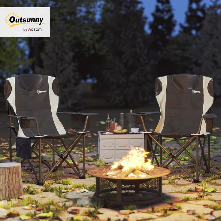 Outsunny Campingstuhl mit Armlehnen Getränkehalter Kopfstütze Kühltasche (2er Set Faltstuhl, 2 St), bis 120kg belast, gepolstert, für Garten, Camping – Bild 2