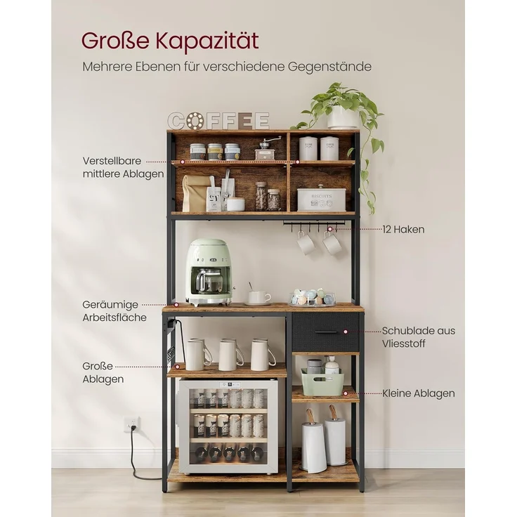 VASAGLE Küchenregal mit Steckdosen, Standregal, Mikrowellen-Regal, verstellbare Ablagen, Stoffschublade, 12 Haken, 40 x 100 x 180,4 cm, für Mikrowellen, Küche – Bild 4