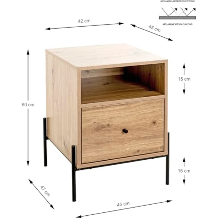 XXXL Nachtschrank Schwarz, Eiche, Metall, 1 Schublade, 45x60x47 cm, Soft-Close-System – Bild 3