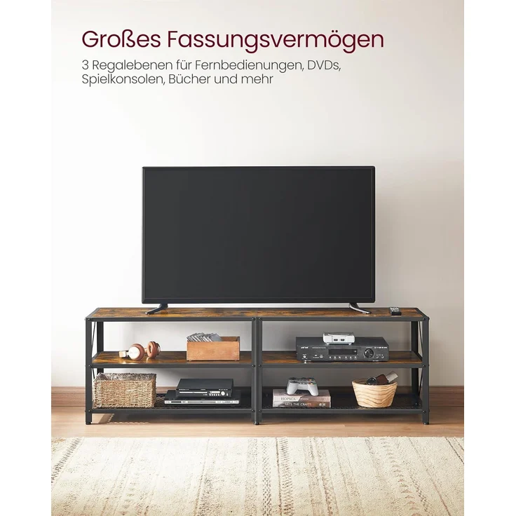 TV-Ständer, TV-Tisch für Fernseher bis 70 Zoll, mit Regalen, Stahlrahmen, Wohnzimmer-, Schlafzimmermöbel, rustikales Bra – Bild 4