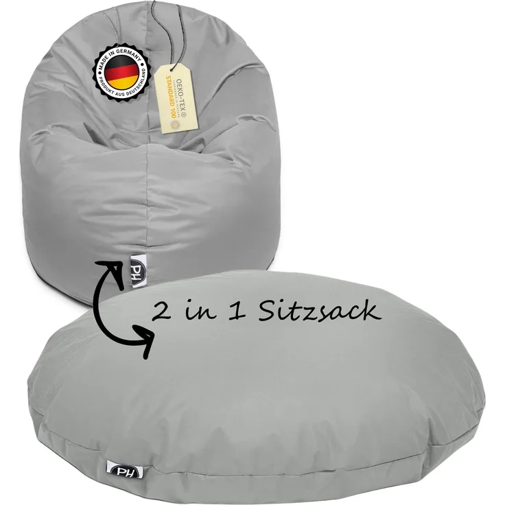PATCH HOME 2 in 1 Sitzsack Sessel – Ø125 cm – Grau, bequemer Sitzsack aus Luxus-Polyester-Gewebe, bereits befüllt
