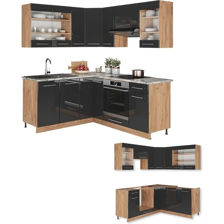 Eckküche Fame-Line Anthrazit Hochglanz/Goldkraft Eiche 190 x 160 cm, AP Marmor Vicco – Bild 9