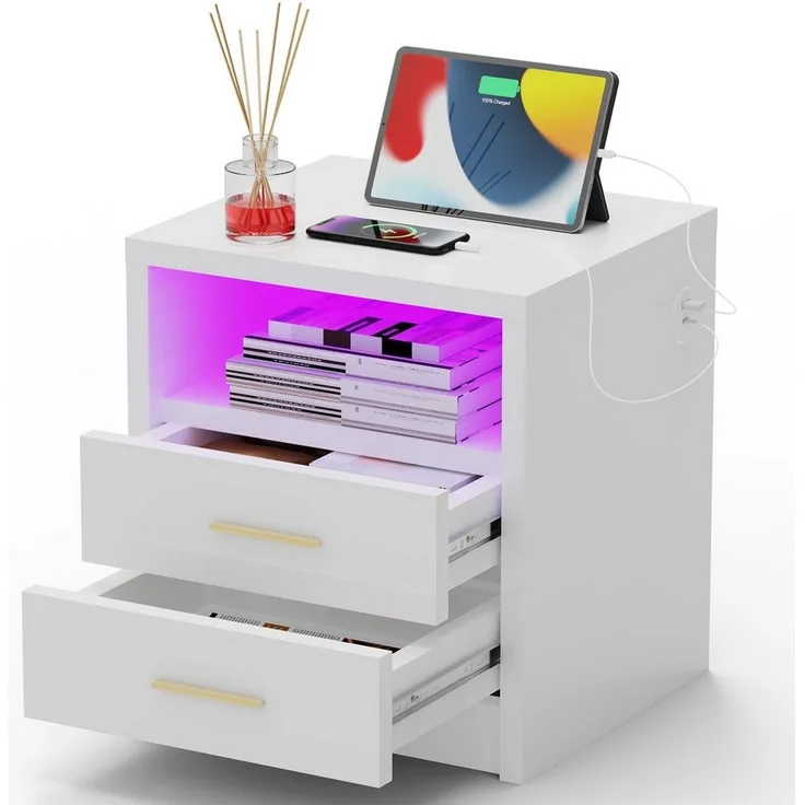 oyajia Nachttisch Nachtschrank mit 2/3 Schubladen, Beistelltisch mit Ladestation und LED (1-st RGB Nachttisch mit Schubladen und Ladestation), Nachttisch mit Schubladen, Einstellbare Farben, Type-C, USB-Anschlüsse