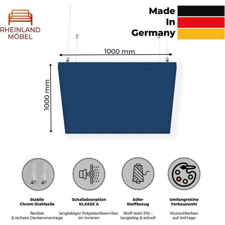 Rheinland Möbel FocusWall DAQ1010 – Quadratischer Akustik-Deckenabsorber 100×100 cm in Stofffarbe Scuba inkl. Chrom-Stahlseilen - Made in Germany - Klasse A, Stoffbezug, schwer entflammbar – Bild 2