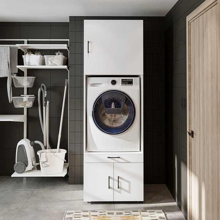Roomart Waschmaschinenschrank 205 cm – Überbau, Ausziehbrett, Schublade | • Weiß – Bild 3