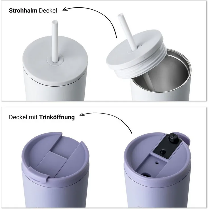 Vinsun Thermobecher Edelstahl Becher mit Strohhalm 480ml - Isolierbecher auslaufsicher, 4-tlg, Edelstahl, Doppelwandig isoliert, BPA frei, bruchfest, Kalt- und Heißgetränke