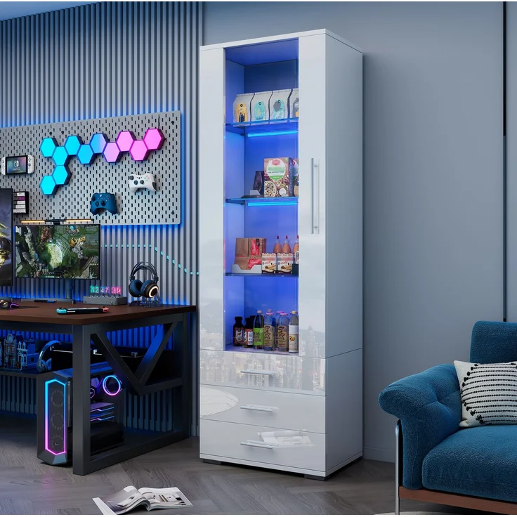 DESVIAE Vitrine aus MDF, Weiß, mit LED-Beleuchtung und 3 Schubladen, 60x180x35 cm – Bild 3