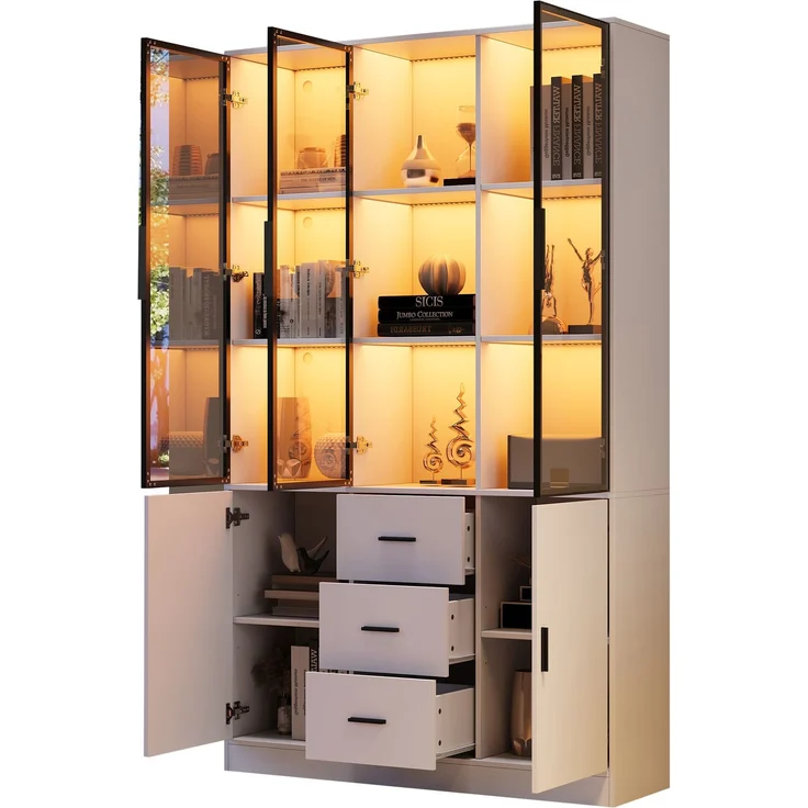 ZUBALIYA Vitrine mit Glasschrank Tür und LED-Licht, Vitrinenschrank Glasvitrine mit MultiStorage Bücherregal, Highboard Sammlervitrine mit Griff, 3 Schubladen & Türen, Wohnzimmerschrank, Weiß – Bild 14