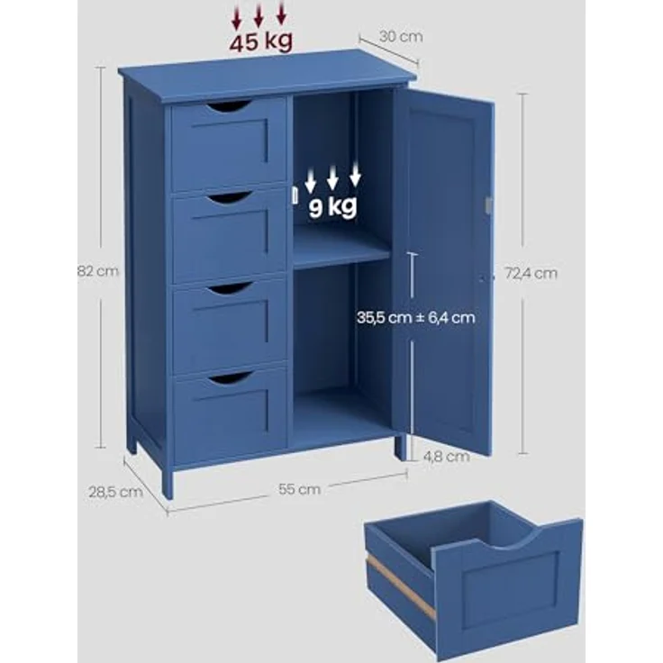 Vasagle Badezimmerschrank, schmaler Badschrank, Beistellschrank, Kommode, mit Schubladen, Schranktür, verstellbare Ablage, x x cm,, Hafenblau, 3 – Bild 3