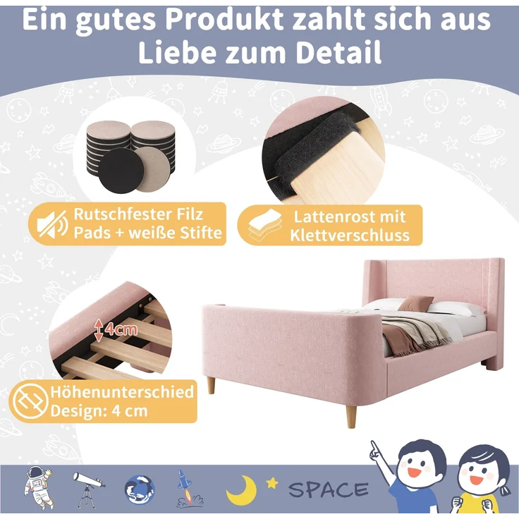Kinderbett 90x200 Samt Schlittenbett mit Cartoon-Weltraummuster, gepolstertem Kopfteil, stabilem Lattenrost, rutschfesten Füßen,Rosa – Bild 7