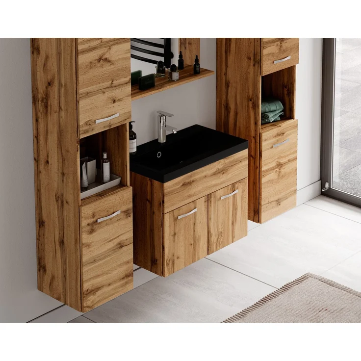 Badplaats Badmöbel Komplettset Montreal XL 60x35 cm Eiche - Mit Schwarze Waschbecken, Spiegel und 2 Badezimmerschränke – Bild 4