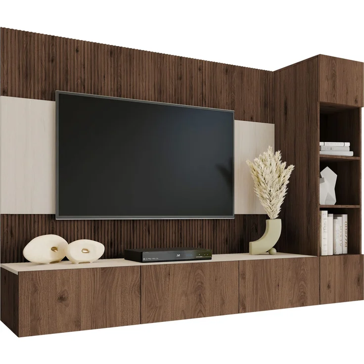 Wohnwand Deromi II, Griffloses Öffnungssystem (Farbe: Eiche Okapi + Travertin) – Bild 3