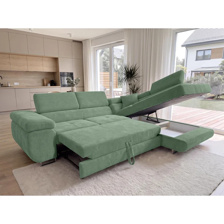 AX LIVING Konak Cord-Ecksofa R Salbeigrün 276 cm breit, Schlaffunktion, Bettkasten – Bild 3