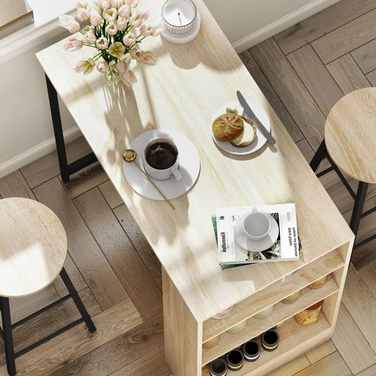 Bartisch mit Barhocker Set, 3-tlg, Bartisch-Set mit Küchentisch, Stauraum, 2 Hocker, Fußstützen, im Modern-Stil, Platzsparend Essgruppe für Esszimmer, Küche, Stahl, Eiche--Schwarz--91x49x91cm--YOUDENOVA – Bild 8
