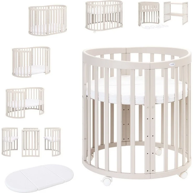 Waldin Babybett Oval 7in1 mitwachsend, Beistellbett, Matratze, Rollen, Buche, Kaschmir – Bild 1