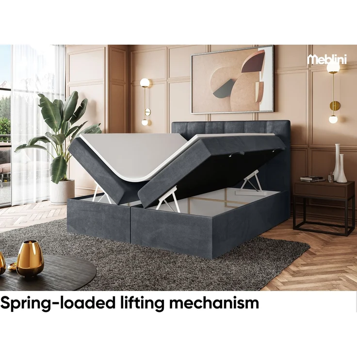 MEBLINI Boxspringbett KAI 140x200cm - H3/Dunkelgrau Samt - mit Bettkasten - Gepolstert Doppelbett mit Matratze und Topper - Polsterbett mit Stauraum - Bett mit Kopfteil – Bild 4