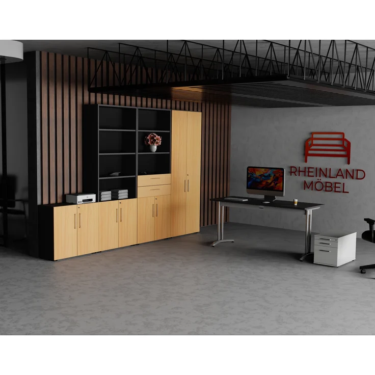 Rheinland Möbel Flügeltürenschrank Cabino 80×42×216 cm – abschließbarer Aktenschrank 6OH in Graphit/Buche mit 110° Drehtüren & Metallgriff – Bild 5