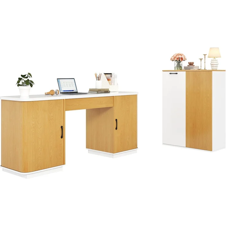ZUBALIYA Modernes Büromöbel-Set & Schreibtisch-Set mit Aktenschrank – 140cm Computertisch mit Klappfach, Unterschränken & Rillendesign, Holzoptik & Weiß, Großer Arbeitsplatz für Home Office & Büro – Bild 10