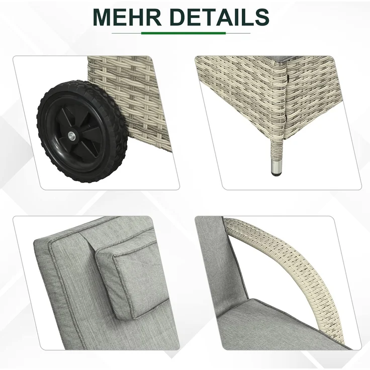 Outsunny Gartenliege Tisch 3er-Set Gartenmöbel, Polyrattan+Metall Grau, Liege, 3 St, Sonnenliege, Modern, Stabil, Praktisch, Witterungsbeständig – Bild 3