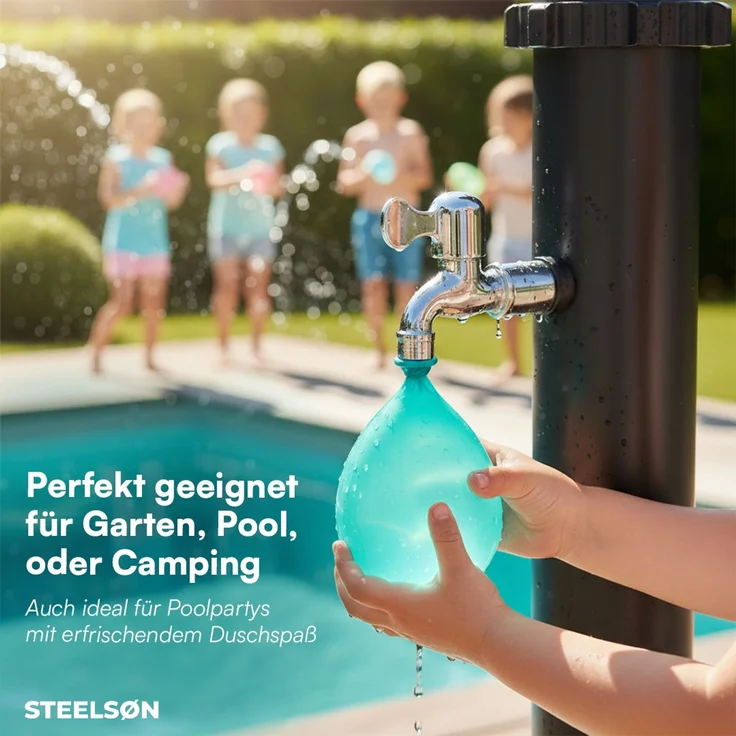 STEELSØN 'Velion' Solardusche 20 Liter, schwarz, warmes Wasser bis 60°C, Gartendusche mit schwankendem Regenduschkopf und Wasserhahn, Outdoor Dusche inkl. Schutzhaube – Bild 9