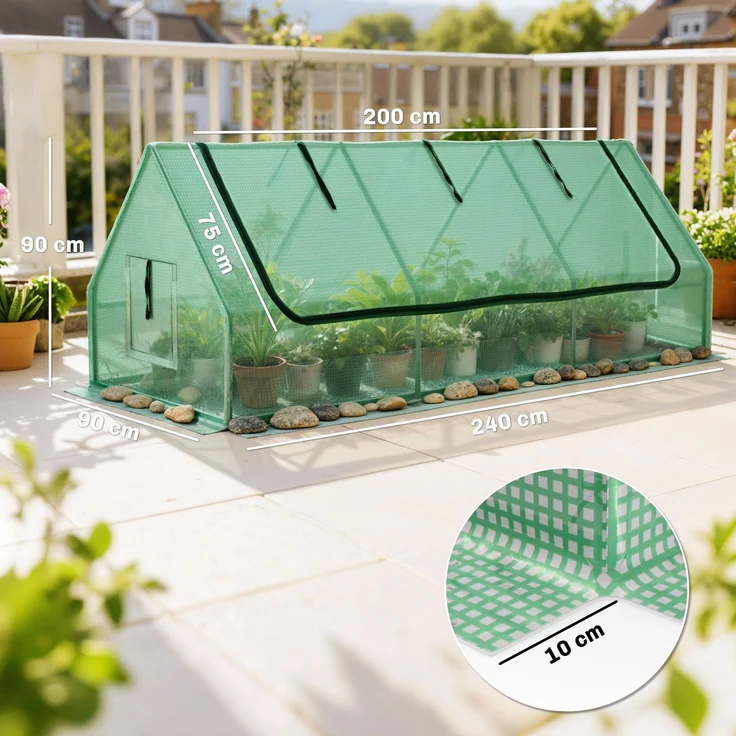 MELAYR, Terrassengewächshaus Mini-Gewächshaus 240x90x90 cm mit Netzfenstern für den Anbau von Gemüse und Blumen grün – Bild 5