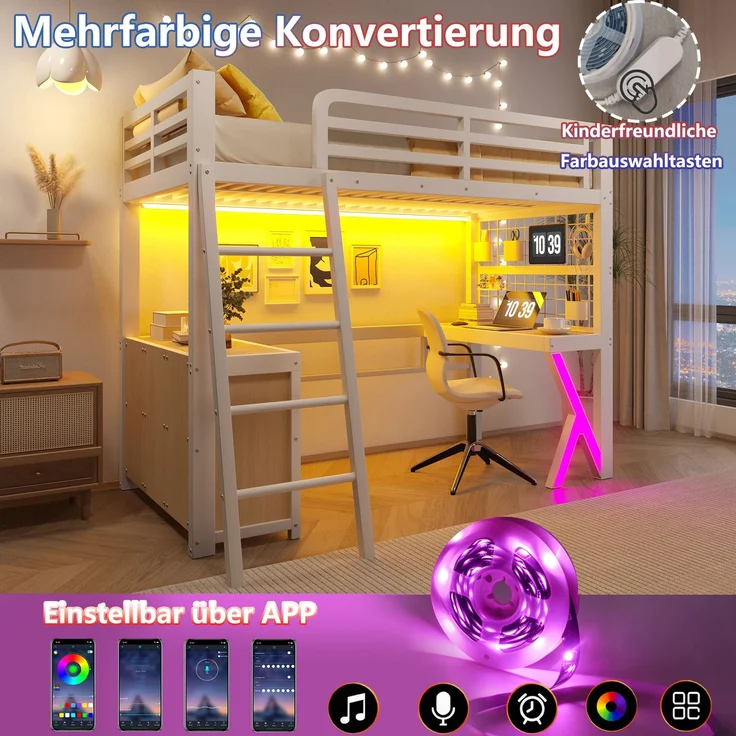 Merax Hochbett, 90 x 200 cm, Kinderbett, Einzelbett mit Tisch, LED - Lichtleiste, Aufbewahrungsschrank, Ohne Matratze, Weiß – Bild 6