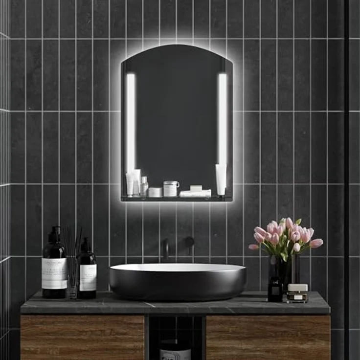 HOMCOM kleankin Badspiegel mit LED-Beleuchtung, 50 x 70 cm, Touchschalter, Glasablage, Memory-Funktion, 3 Lichtfarben, Silber – Bild 2