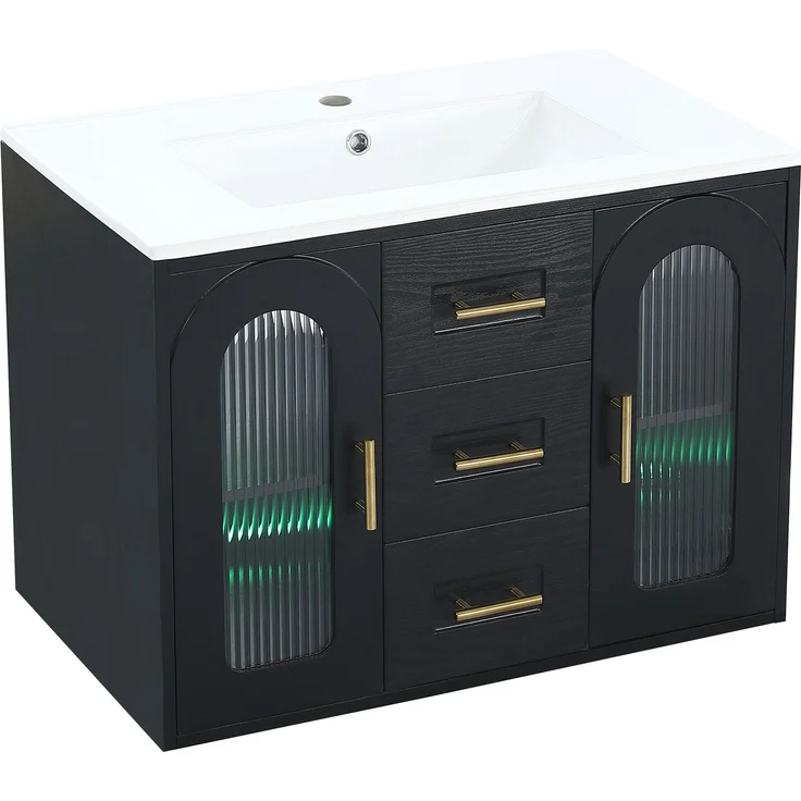 Waschtischschrank 76x46x55 cm Schwarz mit geriffelter Glastür, LED und Keramikwaschbecken – Bild 6
