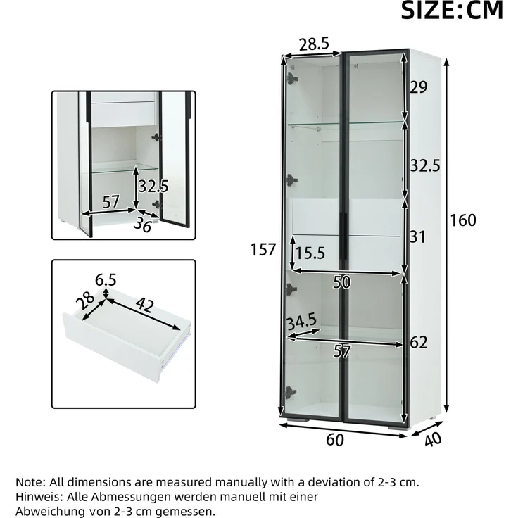 60*40*160cm Schrank,Vitrine Schranktür aus gehärtetem Glas,Vitrine Lagerschrank mit LED,2Glasboden,2Schubladen,Highboard,Wohnzimmerschrank,Aufbewahrungsschrank,Hochschrank,Sofaschrank,Weiß – Bild 4