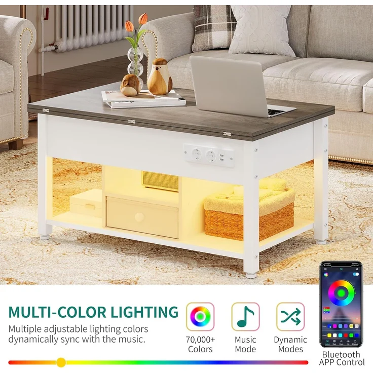 YITAHOME Couchtisch mit Höhenverstellbarer, 4-in-1-Multifunktions-Couchtisch mit Stauraum und LED Beleuchtung, Couchtisch lässt Sich in einen Esstisch für das Wohnzimmer umwandeln, Weiß&Grau – Bild 4