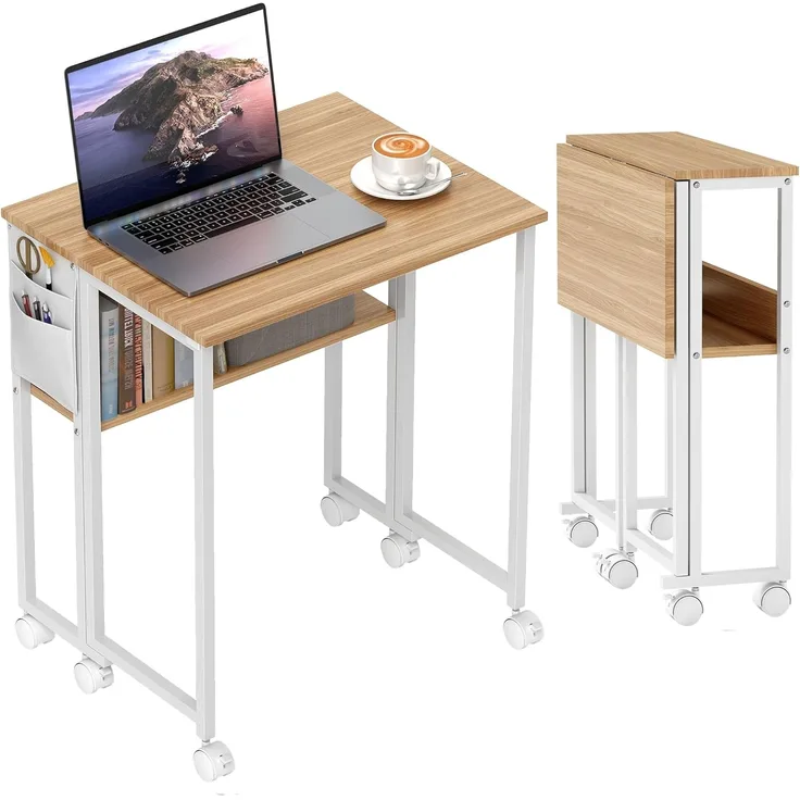 HOMCOM Schreibtisch Klappbar Klein 63 cm, mit Rollen, Regal, Aufbewahrungstasche (Klappschreibtisch, 1-St, Platzsparend Computertisch), mit Regal, Aufbewahrungstasche, für Home Office, Natur
