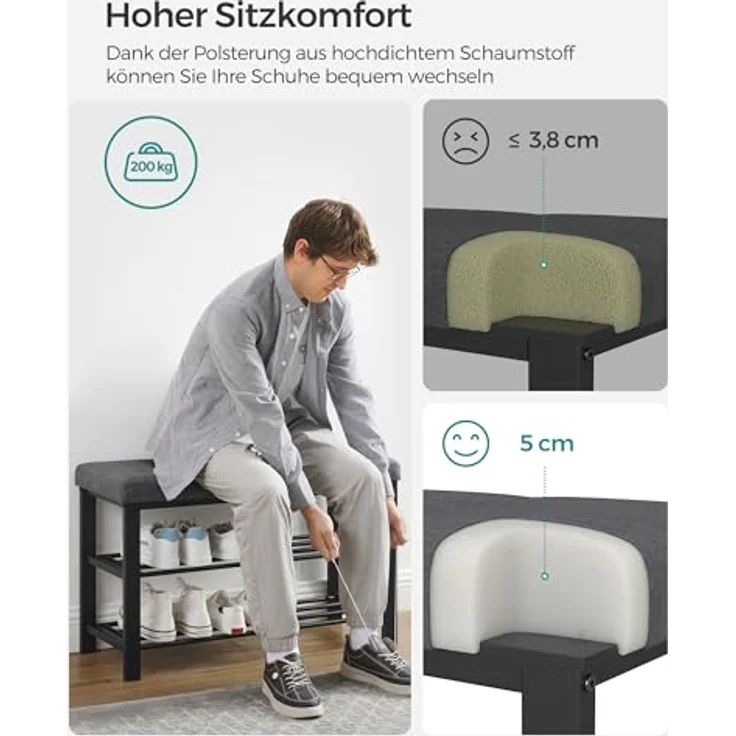SONGMICS Schuhbank, Schuhregal mit 3 Ebenen, Schuhaufbewahrung, Sitz mit Schaumstoffpolsterung, Leinen, Metallrahmen, für Wohnzimmer Eingangsbereich, 31 x 81 x 49 cm, dunkelgrau-schwarz LBS057B01 – Bild 5