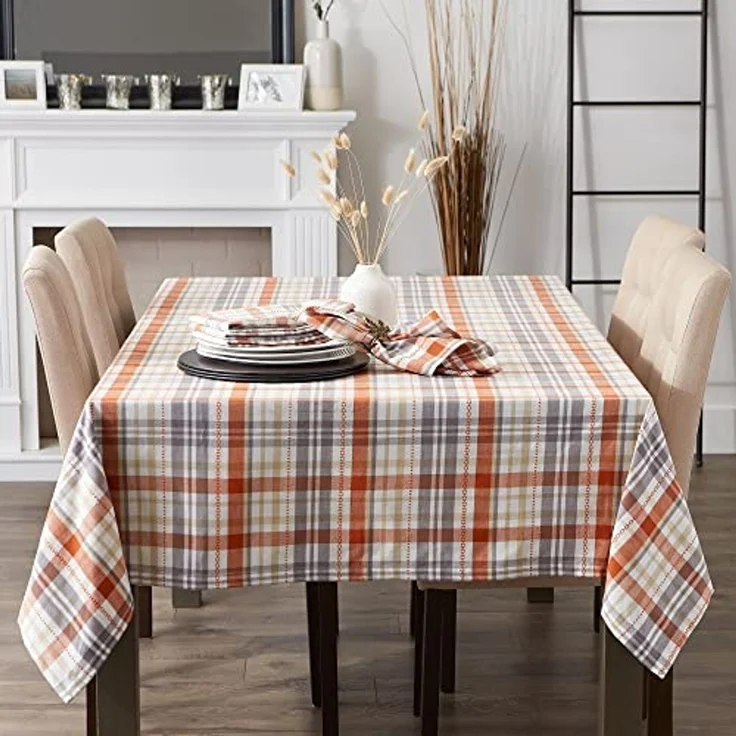 DII Herbstnachmittag Bauernhaus Küche Thanksgiving & Herbst Dekor für Zuhause, Tischdecke, 60 x 120 cm, Kürbiskariert, Orange und Grau – Bild 6