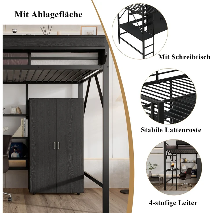 Merax Hochbett, 140x200cm Kinderbett, Doppelstöckiger Stauraum unter dem Schreibtisch, Oberes Bett mit Stauraum, Mit Kleiderschrank, Schwarz – Bild 6