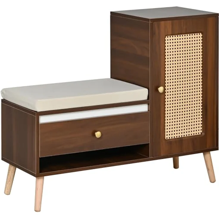 Schuhschrank Rattan Garderobenbank mit Sitzpolster, Walnussfarbe | Multifunktional, Schubladen & offene Fächer, Schranktür, 95,5×35×80cm – Bild 5