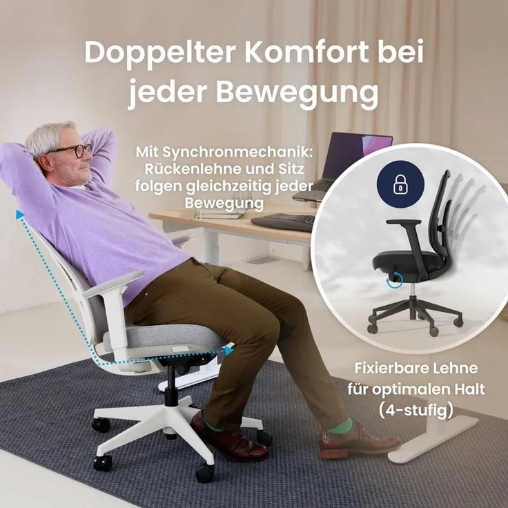 Ergotopia 'PureBack' ergonomischer Bürostuhl mit Lordosenstütze & 4D-Armlehne, Grau, mit Kopfstütze – Bild 4