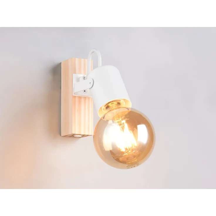 LED Wandstrahler aus Metall in Weiß mit Naturholz, Höhe 13cm