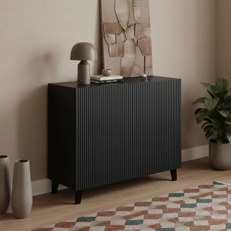 Bellamio 'Tana' Kommode, schwarz mit geriffelter Front, 85x40x92 cm, Sideboard mit 2 Türen und 4 Fächern – Bild 1