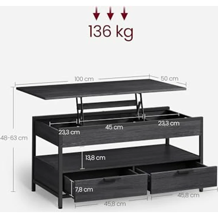 Vasagle höhenverstellbarer Wohnzimmertisch, X-Streben, 50x100 x (48-63)cm, Spanplatte/Stahl anthrazitgrau-schwarz – Bild 4