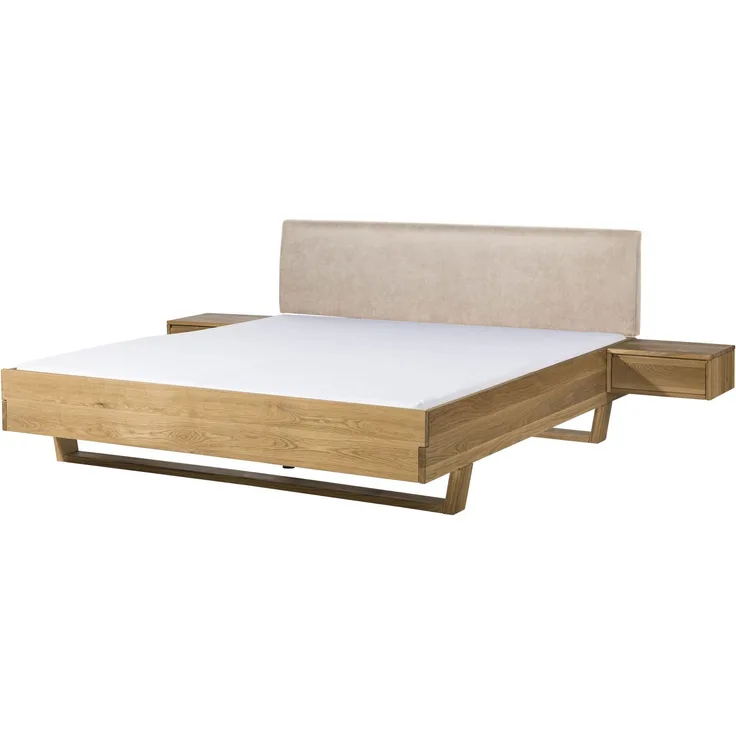 Bett mit Nachttischen Fichte 160x200x85 natur gebeizt / geölt, Kopfteil beige FICHTELBERG #146
