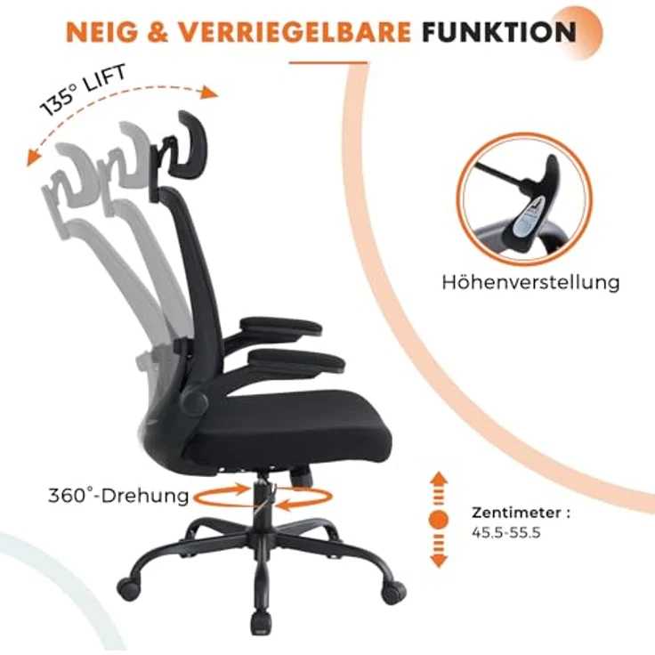 Sweetcrispy Ergonomischer Bürostuhl mit Kopfstütze & verstellbaren Armlehnen – höhenverstellbar, 360° drehbar, Gaming & Schreibtischstuhl für Homeoffice & Büro, Schwarz – Bild 6