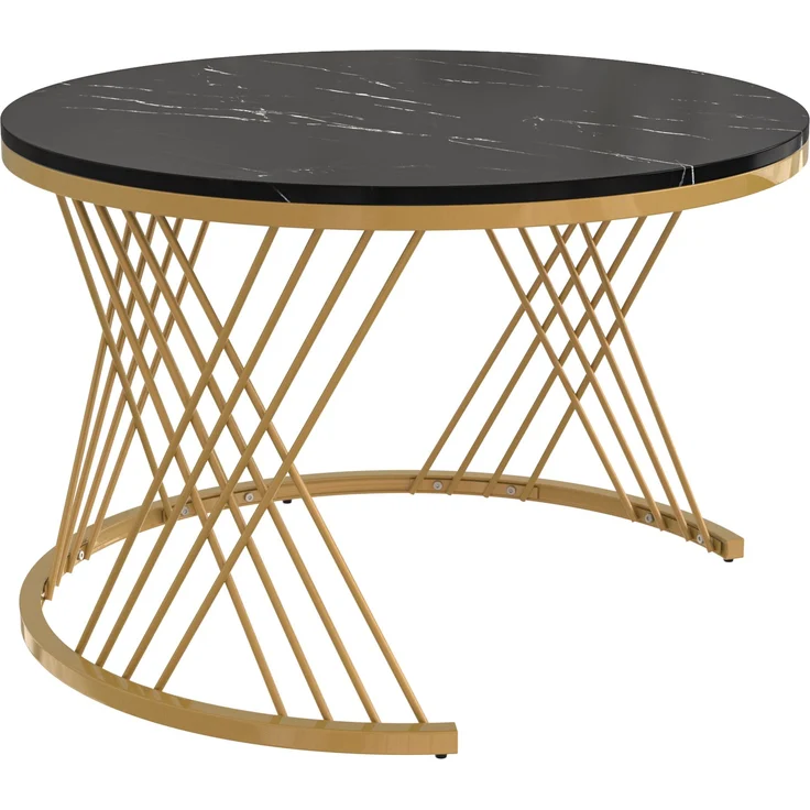 2-in-1 Couchtisch-Set rund mit Marmorplatte & Rattan-Schublade in Schwarz/Gold - 70x70x45,5 + 50x50x38,5 cm – Bild 9