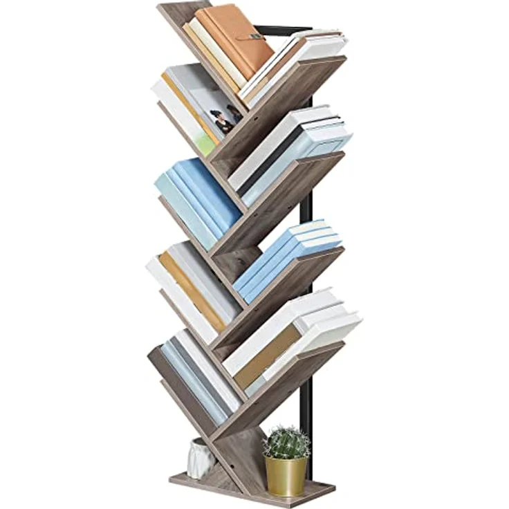 HOOBRO Bücherregal, Standregal mit 9 Ebenen, Holz DVD Regal, in Baumform, Metallgestell, für Wohnzimmer, Arbeitszimmer, Kinderzimmer, Greige EBG08SJ01G1 – Bild 9