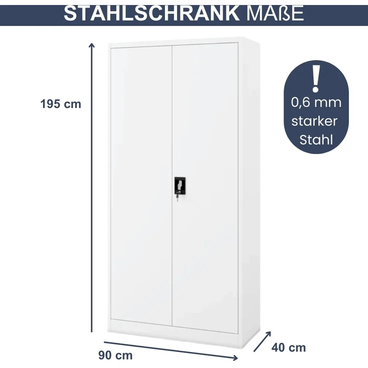 Aktenschrank abschließbar KADO - 5 Ebenen verstellbar, Flügeltüren | Metallschrank Werkstatt Mehrzweckschrank Büroschrank aus Stahl Werkzeugschrank, 195x90x40cm Weiß – Bild 2