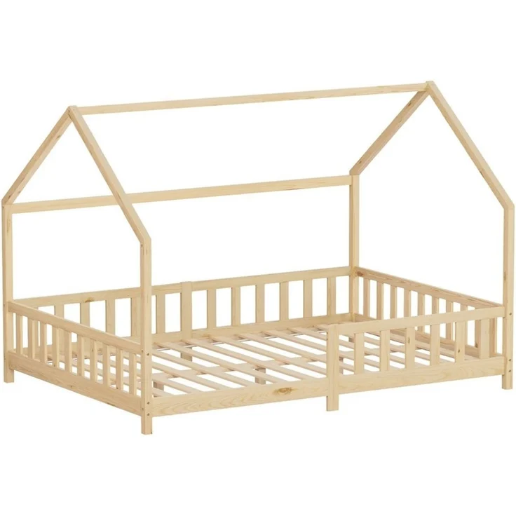 ML-DESIGN Spielbett Hausbett Kinderbett inkl. Lattenrost kreativ Bodenbett für Kinder, Abenteuerbett zum Spielen mit Rausfallschutz Kiefer Natur Himmelbett – Bild 1