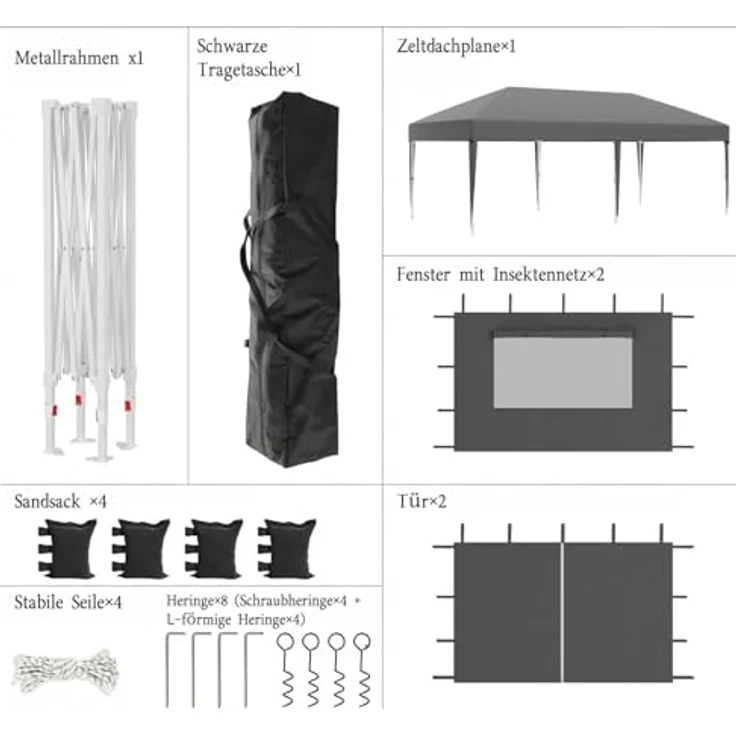 JUMMICO Pop Up Faltpavillon 3x6 Pavillon mit Netzfenstern zur Belüftung, UV-Schutz 50+, mit 4 Seitenwänden, wasserdicht stabil Winterfest，Faltbar Partyzelt Gartenzelt Gartenpavillon, Grau – Bild 5