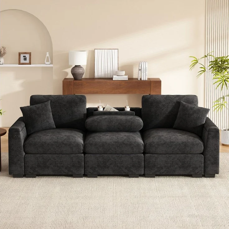 Merax 3-Sitzer Sofa aus weichem Chenille, Multifunktionssofa mit USB-Anschluss, für Wohnzimmer, Büro und Heimkino 1 Teile, XXL Sofa mit klappbarer Rückenlehne, Getränkehalter & Stauraum – Bild 1